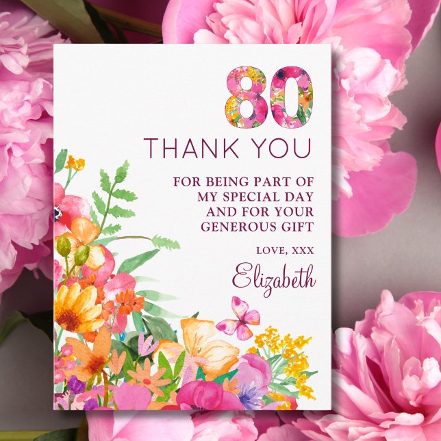 80 Years Flowers Butterfly 80th Birthday Thank You Announcement Postcard (Creator Uploaded)