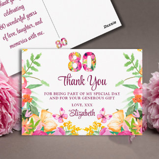 80 Years Flowers Butterfly 80th Birthday Thank You Postcard