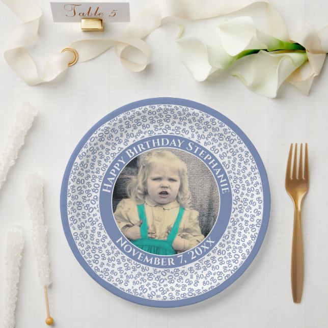 80 Your Photo Random Number Pattern Blue/White Paper Plate (Wedding)