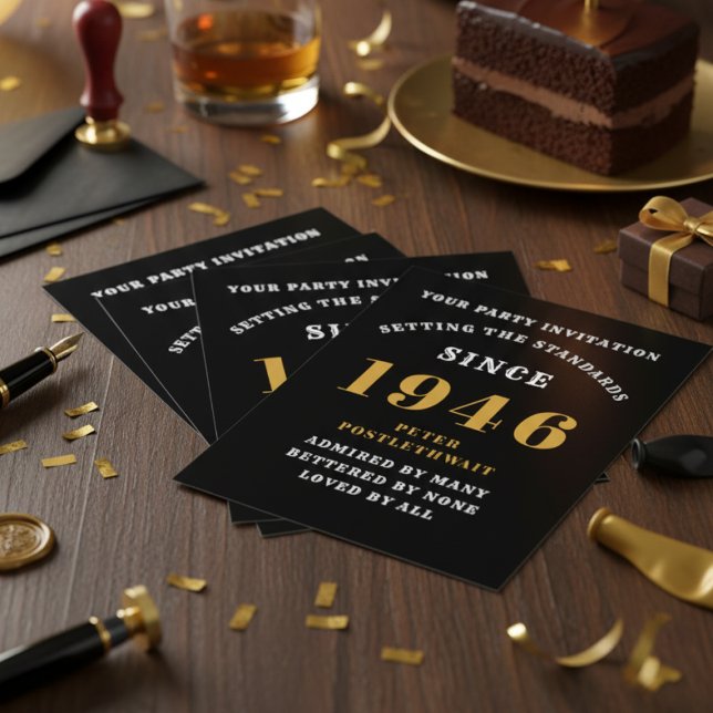 80e anniversaire 1946 Black Gold Invitation (1946 80th birthday invitations on a table.)