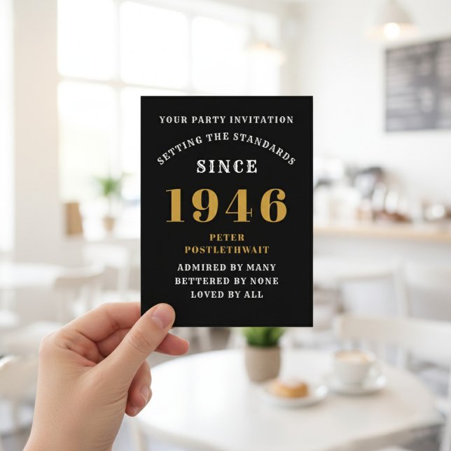80e anniversaire 1946 Invitation Or Noir (1946 birthday invitation postcard. Background out of focus.)