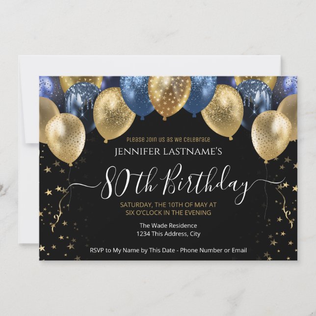 80e anniversaire de fête Bleu et Gold Invitation (Devant)