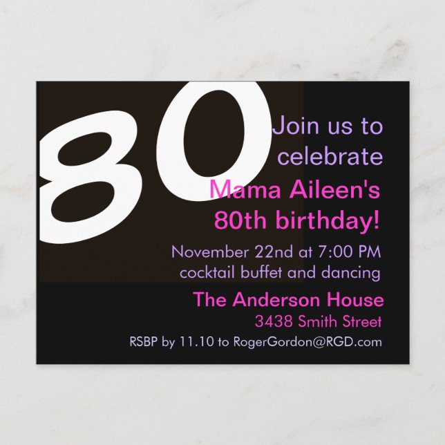 80e anniversaire de fête Carte postale Invitation (Devant)