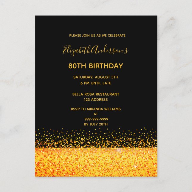 80e anniversaire fête or noir brillant invitation (Devant)
