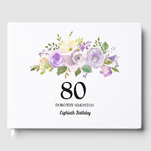 80e Anniversaire Fête Purple Floral Livre d'invité