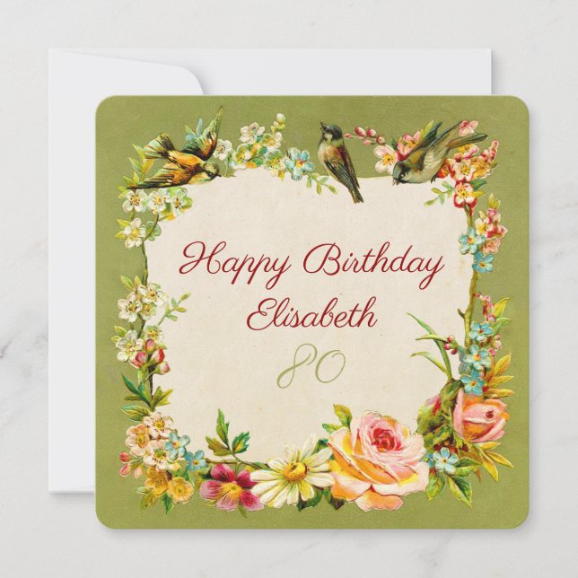 80e anniversaire fleurs & oiseaux antique carte vi (Devant)