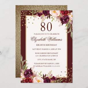 80e anniversaire Gold Bourgogne Floral Invitation