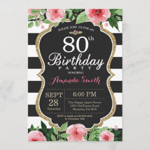 80e anniversaire Invitation Femmes. Or floral noir