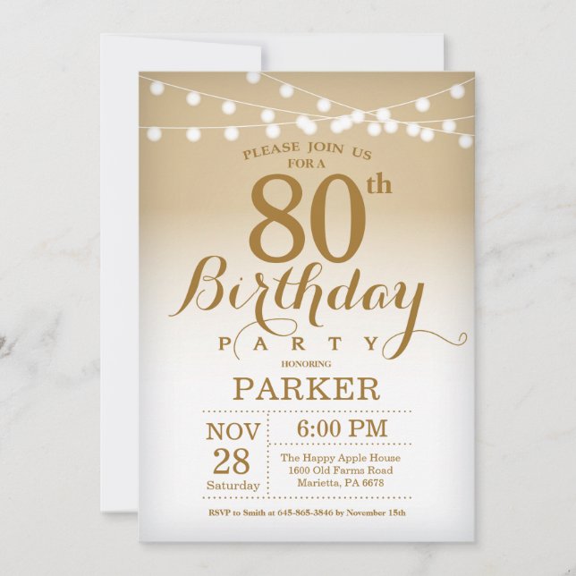 80e anniversaire Invitation Gold String Lights (Devant)