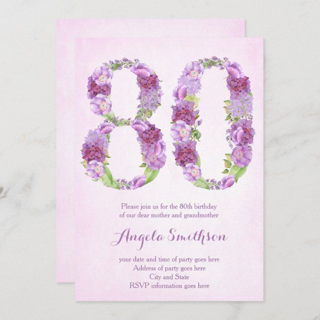 80e anniversaire invitations pour dame, quatre-vin (Devant / Derrière)