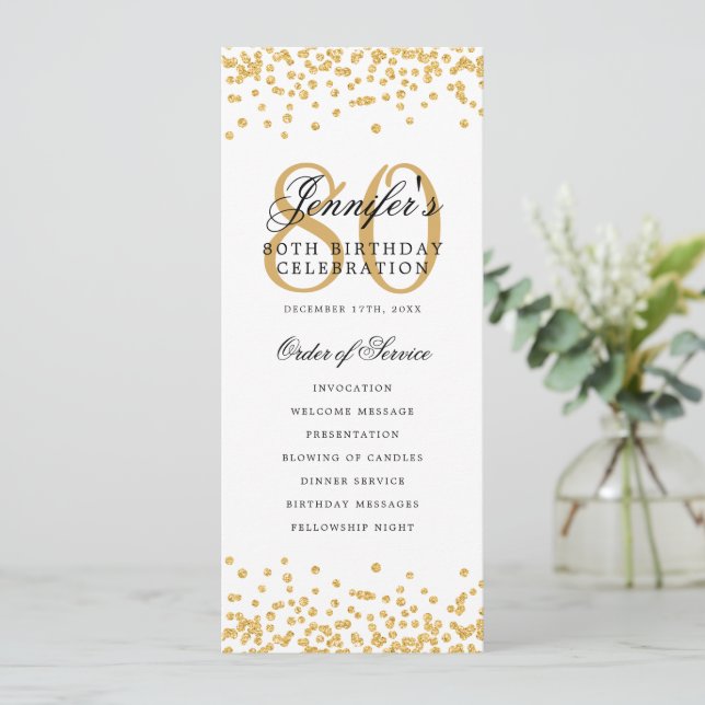 80e Anniversaire Programme Gold Confetti Menu (Debout devant)