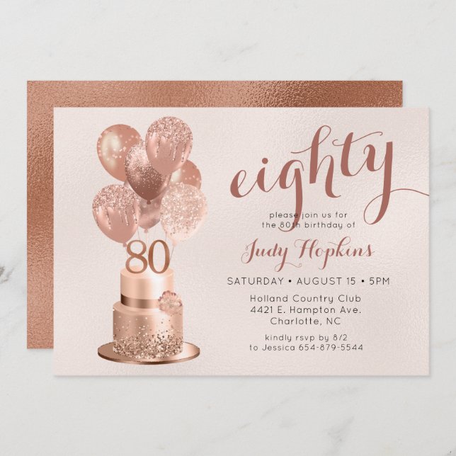 80e anniversaire Rose Gold Cake Invitation (Devant / Derrière)
