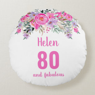 80e anniversaire rose nom floral ronde coussin