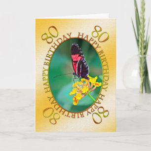 80e Carte d'anniversaire aux papillons et aux fleu