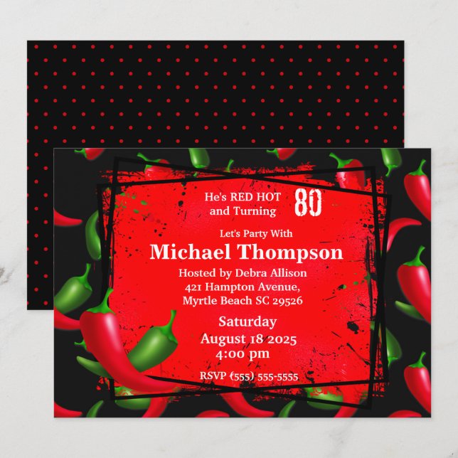 80e Poivre rouge Invitations d'anniversaire pour h (Devant / Derrière)