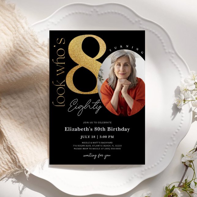 80ème anniversaire d'or noir Invitation avec photo (Créateur téléchargé)