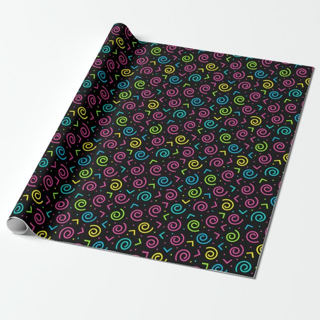 80's/90's Black And Neon Doodle Pattern Wrapping Paper (Unrolled)