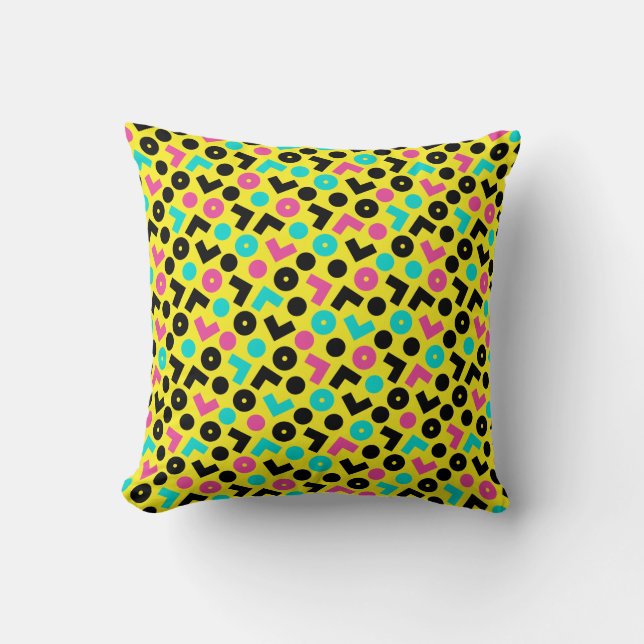 80's/90's Black & Neon Yellow And Blue Pattern Throw Pillow (Front)
