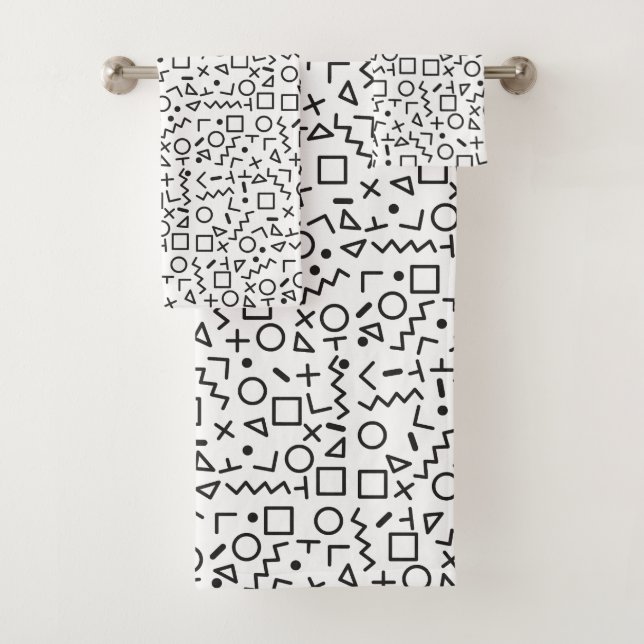 80's 90's Black & White Retro Shapes Pattern Bath Towel Set (Insitu)