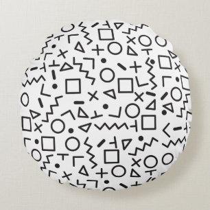 80's 90's Black & White Retro Shapes Pattern Round Pillow
