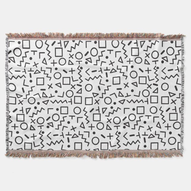 80's 90's Black & White Retro Shapes Pattern Throw Blanket (Front)