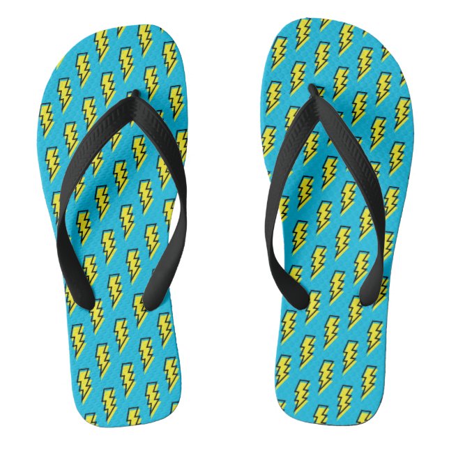 80's/90's Neon Blue Yellow Lightning Bolt Pattern Flip Flops (Footbed)