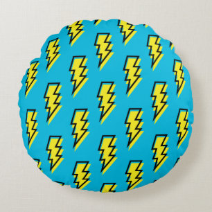 80's/90's Neon Blue Yellow Lightning Bolt Pattern Round Pillow