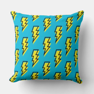 80's/90's Neon Blue Yellow Lightning Bolt Pattern Throw Pillow