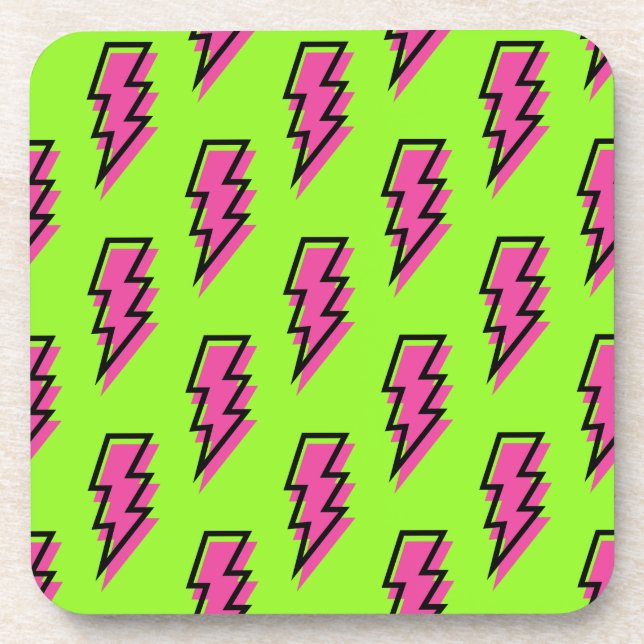 80's/90's Neon Green & Pink Lightning Bolt Pattern Coaster (Front)