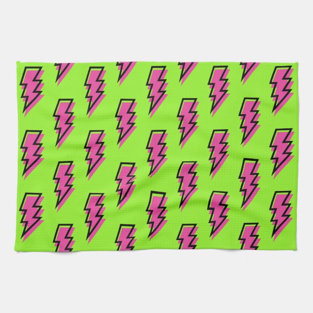 80's/90's Neon Green & Pink Lightning Bolt Pattern Kitchen Towel (Horizontal)
