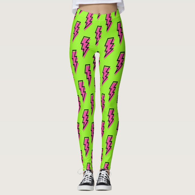 80's/90's Neon Green & Pink Lightning Bolt Pattern Leggings (Front)