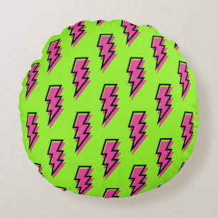 80's/90's Neon Green & Pink Lightning Bolt Pattern Round Pillow
