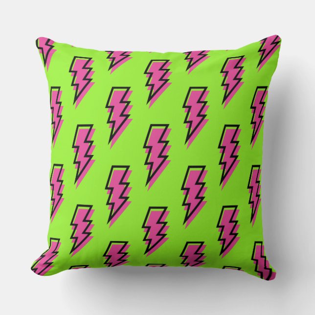 80's/90's Neon Green & Pink Lightning Bolt Pattern Throw Pillow (Front)