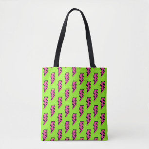 80's/90's Neon Green & Pink Lightning Bolt Pattern Tote Bag