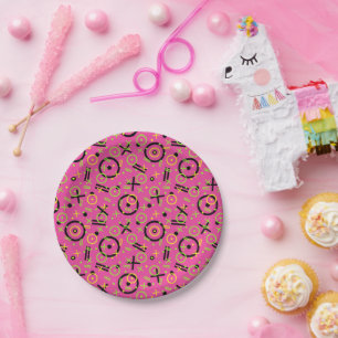 80's/90's Neon Pink And Blue Doodle Pattern Paper Plate