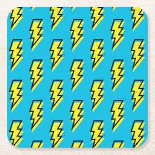 80's/90's Pattern Fun Blue Yellow Bolt Neon Retro Square Paper Coaster