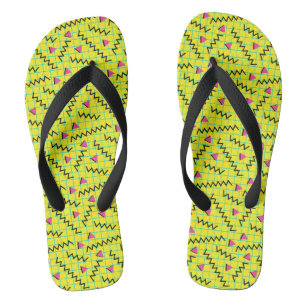 80's/90's Retro Neon Yellow Doddle Pattern Flip Flops