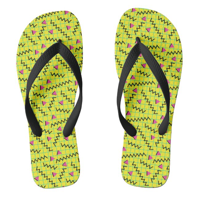 80's/90's Retro Neon Yellow Doddle Pattern Flip Flops (Footbed)