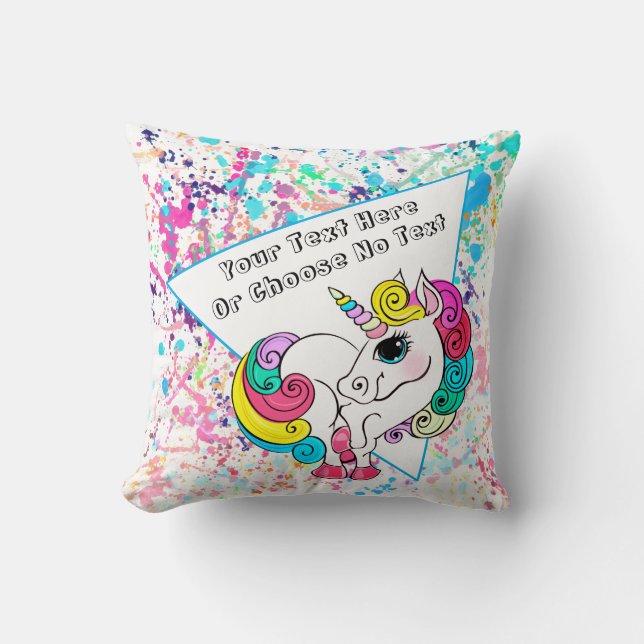 80s 90s Retro Pink Blue Paint Splats White Unicorn Throw Pillow (Front)