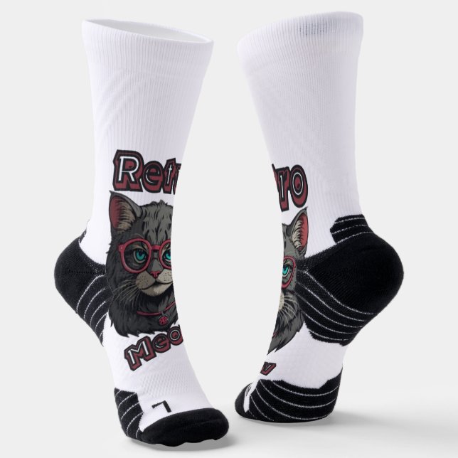 80s Anime-Inspired Grey Cat Illustration Socks (Angled)
