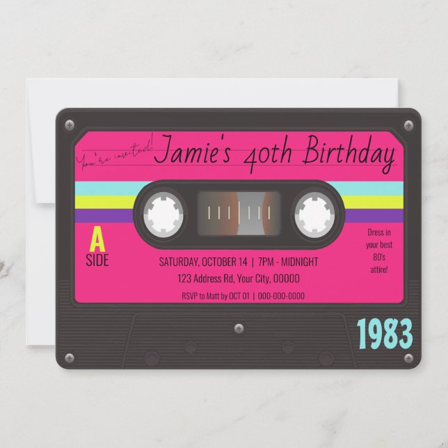 80's Birthday Party, Retro Cassette Tape  Invitation (Front)