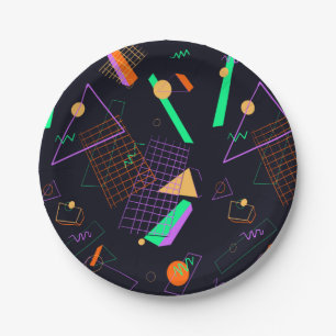 80s Black and Neon Retro Geometric Paper Plate