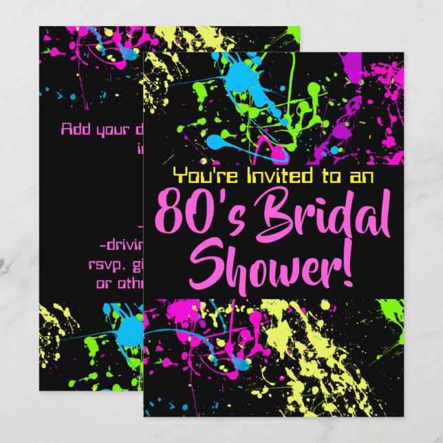 80s Bridal Shower Neon Paint Splatter Invitation (Front/Back)