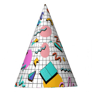 80s Bright Chequered: Vintage Geometric. Party Hat