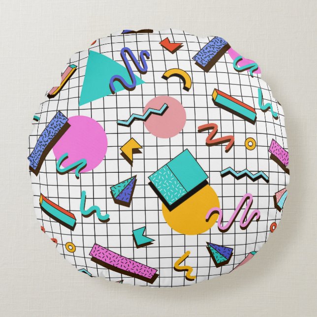 80s Bright Chequered: Vintage Geometric. Round Pillow (Front)