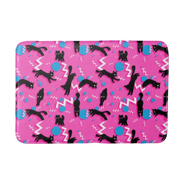 80s Cats Black Pink Geometric Memphis Pattern Bath Mat (Front)