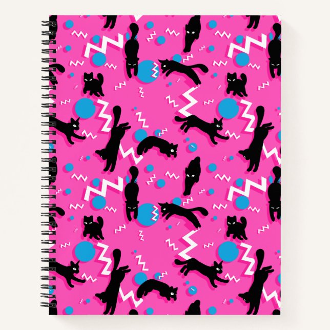 80s Cats Black Pink Geometric Memphis Pattern Notebook (Front)