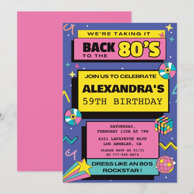 80s fête Budget Retro 59e anniversaire invitations (Devant / Derrière)