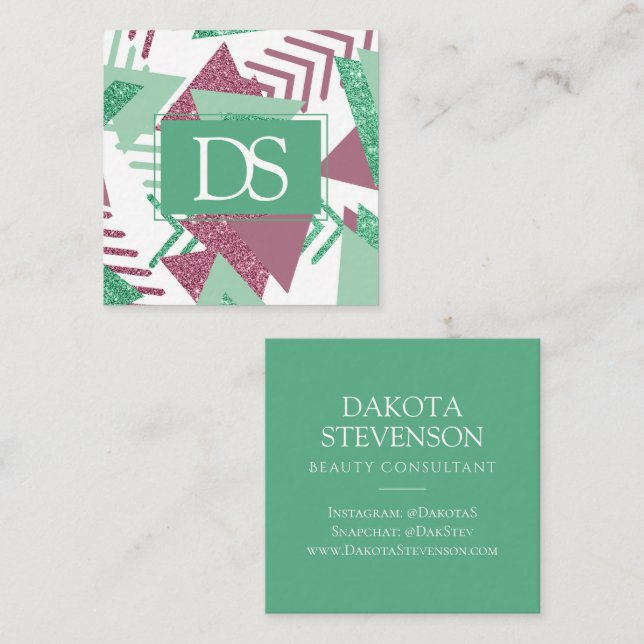 80s Fresh Abstract | Pink and Green Shape Monogram Calling Card (Front/Back)