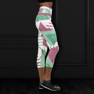 80s Fresh Abstract Pink and Green Shapes Pattern Capri Leggings